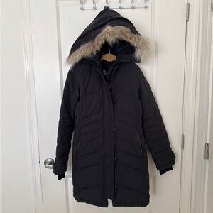 Black Hooded Coat with Fur Trim